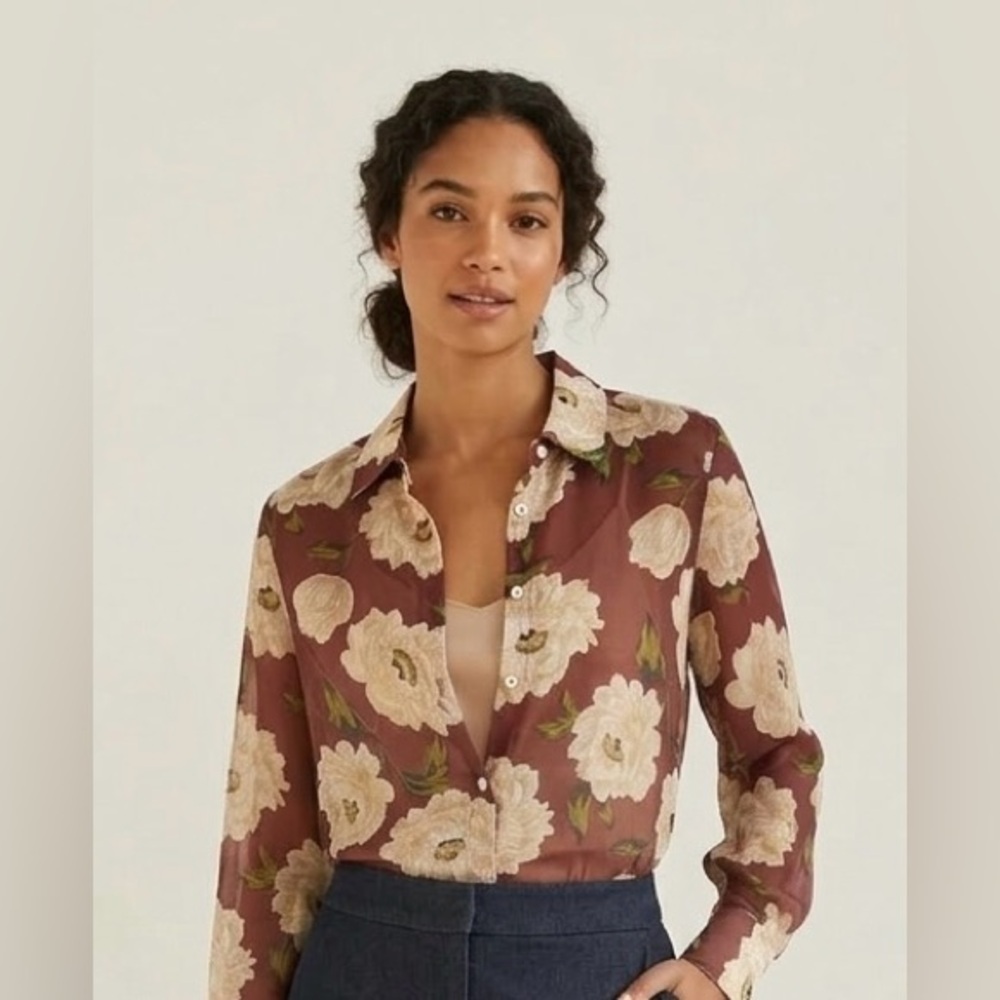 NWT Bailey 44 Sheer Button Down Flower Blouse Burgundy Cream Size Medium - Picture 2 of 10